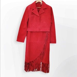 Red Vintage Box Cut Cropped Leather Jacket and Wrap Skirt Set with Fringe